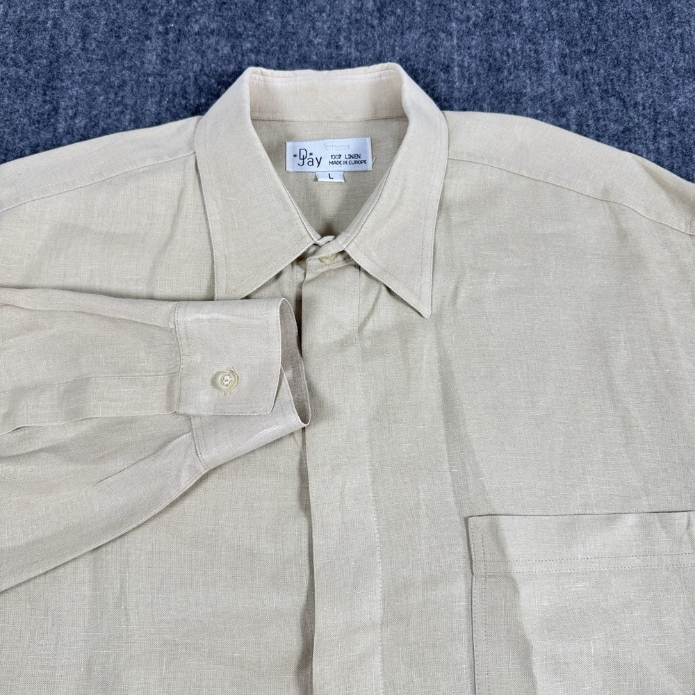 100% Linen Men's Long Sleeve Shirt Size L Beige Tan Made in Europe Button Front